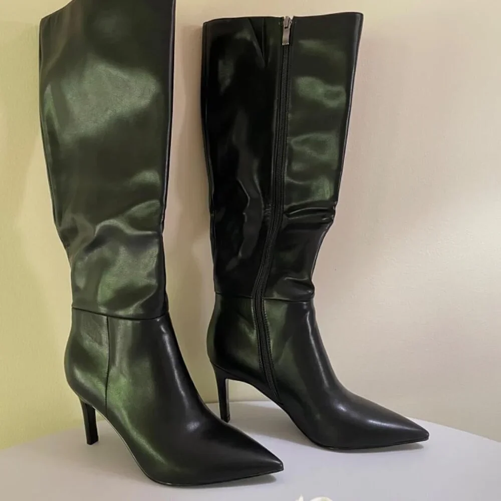 🆕Women Black Faux Leather Pointed Toe Tall  Stiletto Heel Zipper Dress Boots